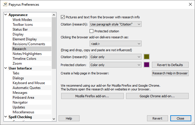 Preferences Research settings
