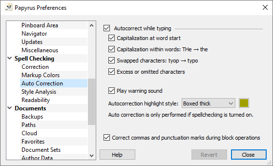 Preferences spelling autocorrection settings