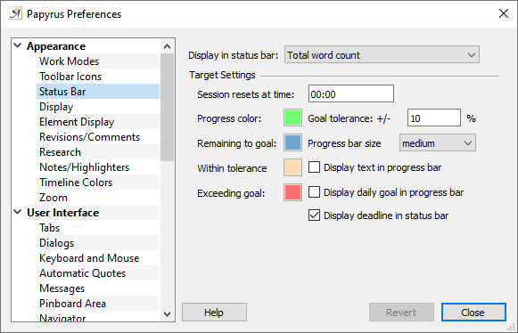 Preferences Status bar dialog