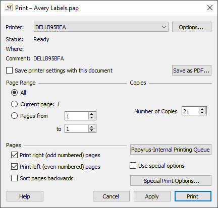 Print labels dialog