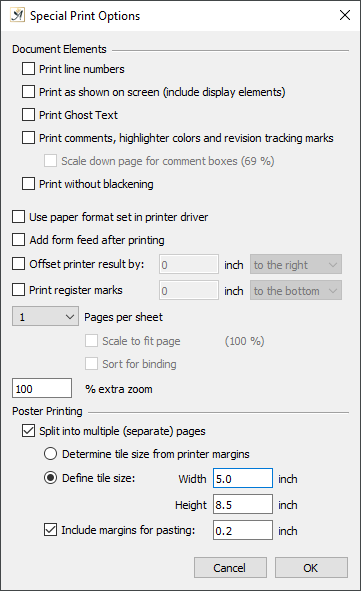 Special print options dialog