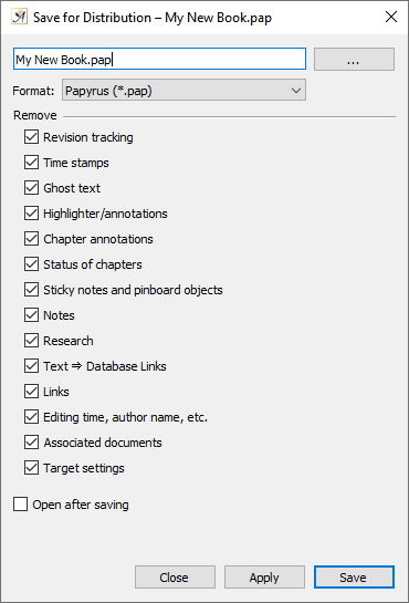 Save for distribution dialog