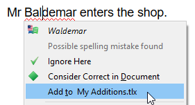 Adding word to a dictionary via context menu