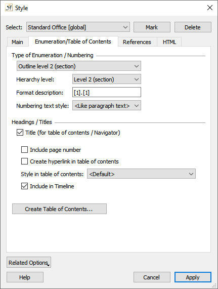 Style dialog enumeration tab