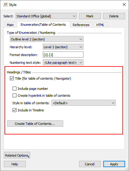 Style dialog enumeration tab toc settings