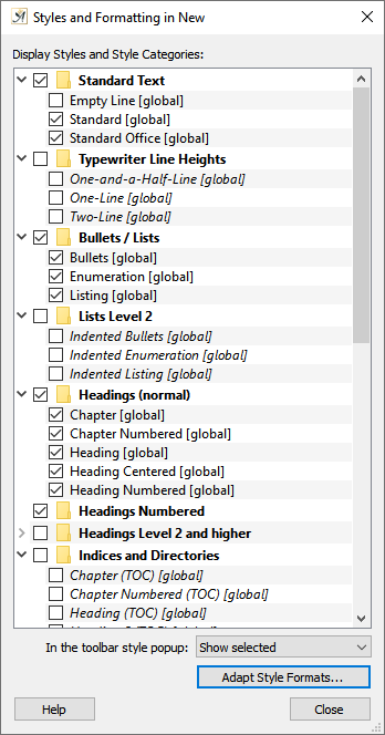 Style formats dialog