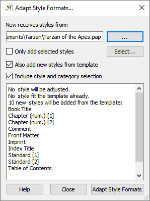 Adapt styles dialog