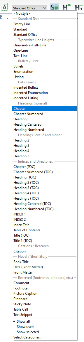 Predefined styles list