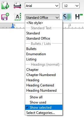 Styles dropdown selection list