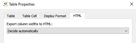 Table properties dialog HTML tab
