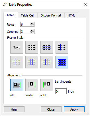 Table properties dialog
