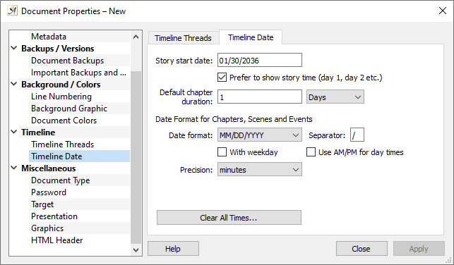 Document properties dialog timeline date tab