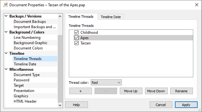 Document properties timeline threads dialog