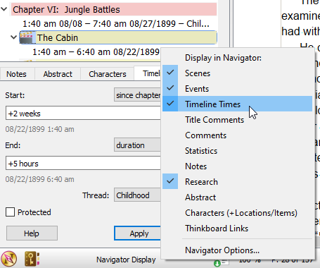 Timeline options in the Navigator dialog