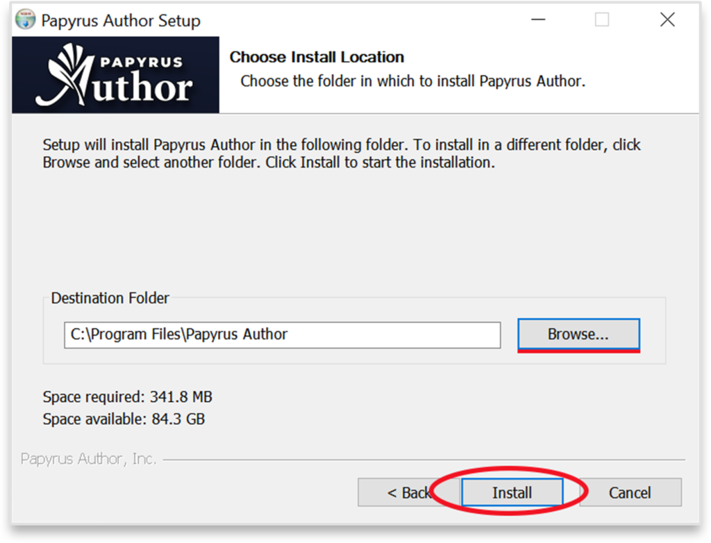 Install Location selector of Papyrus Author