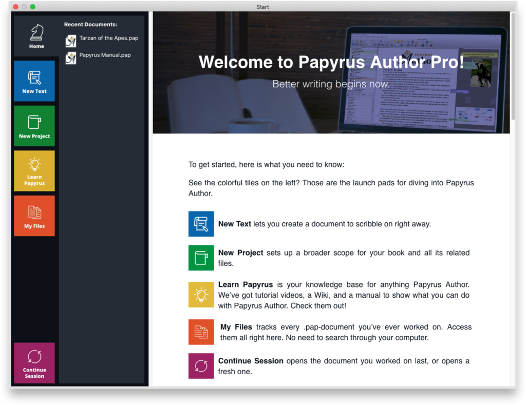 Start screen of Papyrus Author on Mac
