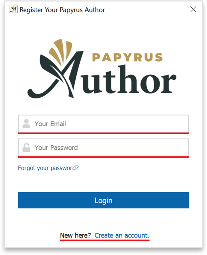 Registeration and login window of Papyrus Author