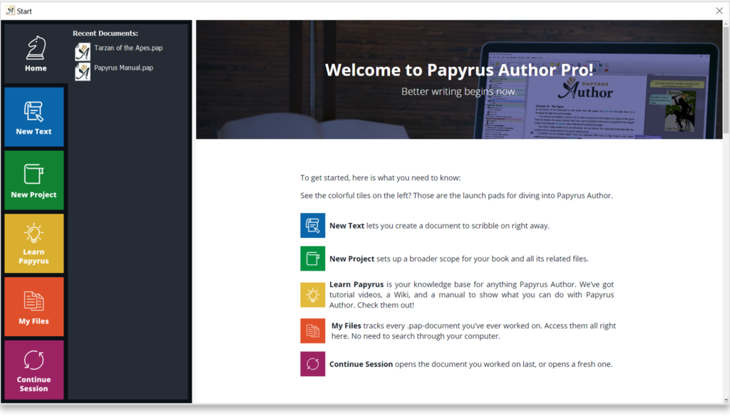 The Start Screen of Papyrus Auhtor