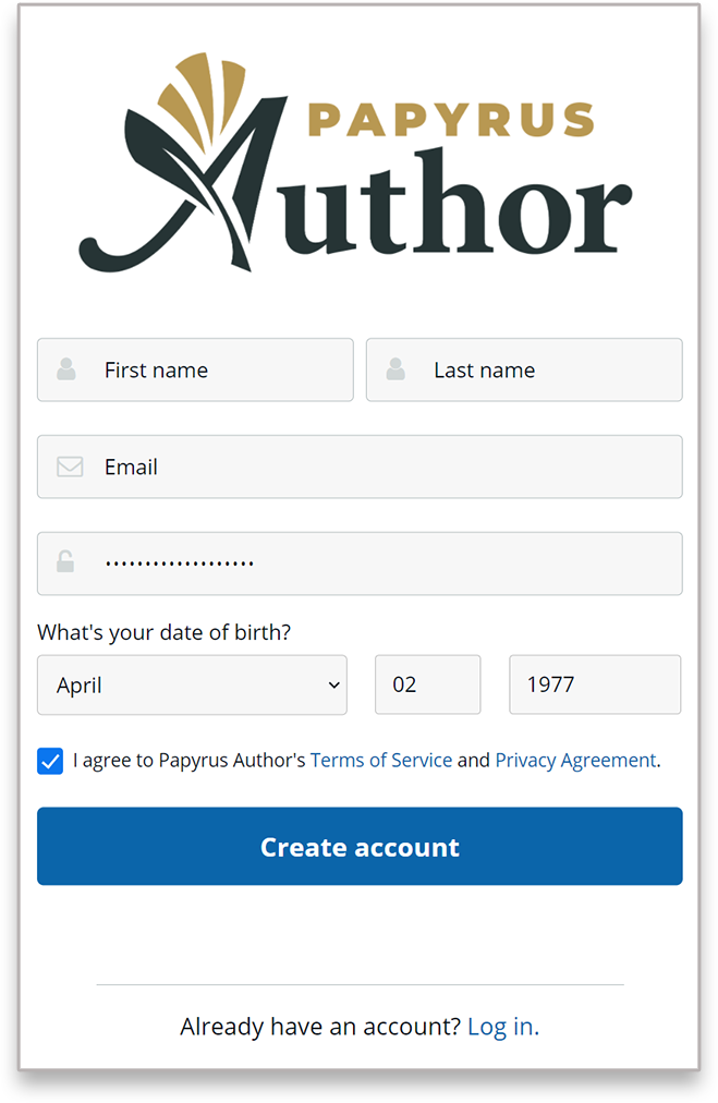 Papyrus author signup page