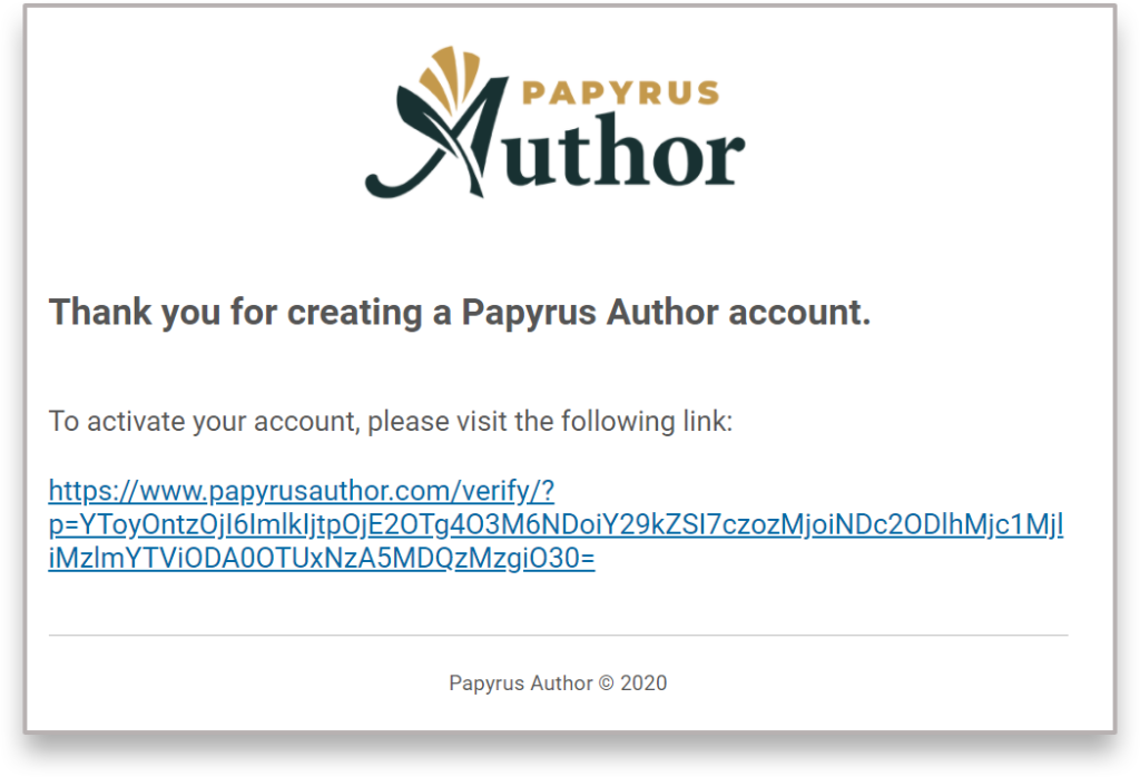 account created page of Papyrus Author