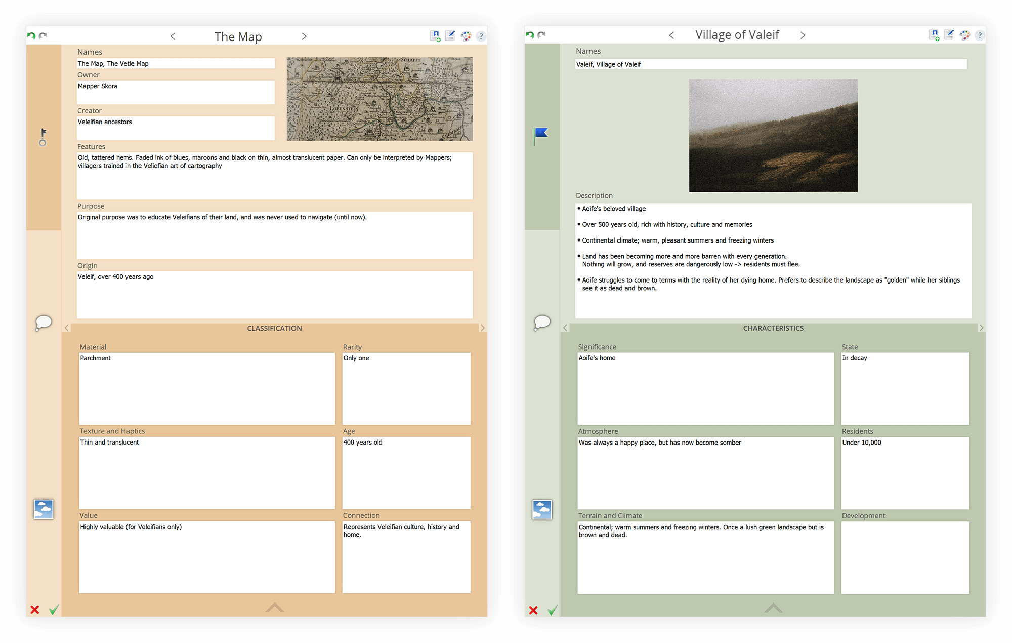 Location and Item sheets in the Story Sheets
