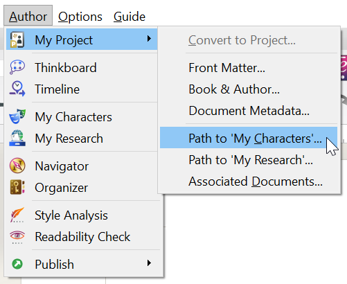 My Characters in the Author menu